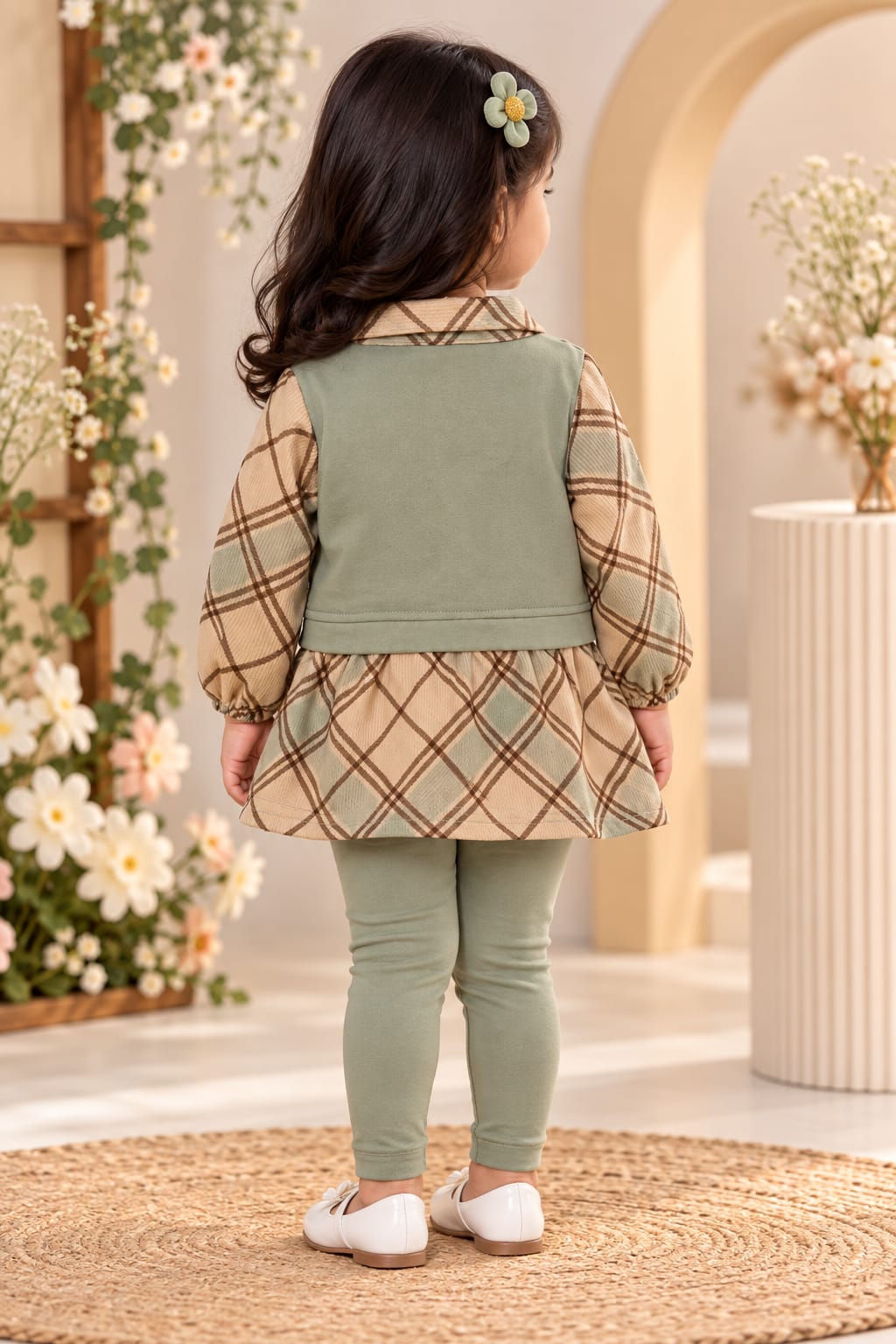 Girls' Sage Green Vest & Plaid Layered Dress Set with Leggings.