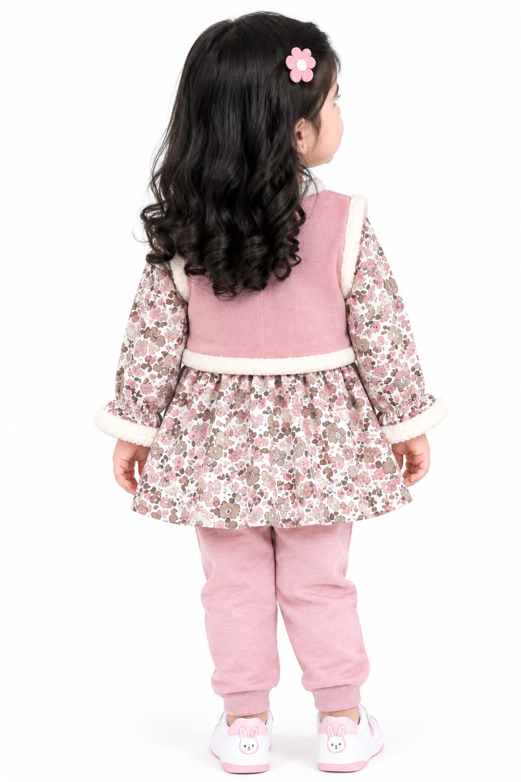 Girls' Dusty Pink Floral Fur-Trimmed Corduroy Vest Dress & Trousers Set.