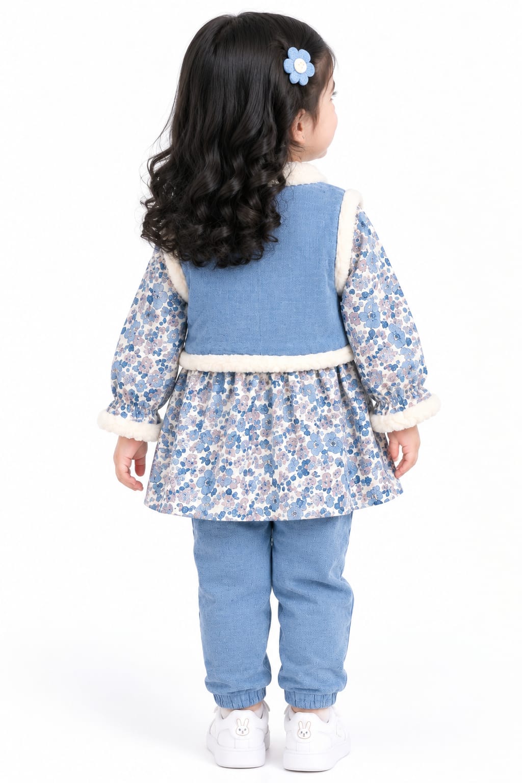 Girls' Blue Floral Fur-Trimmed Corduroy Vest Dress & Trousers Set.
