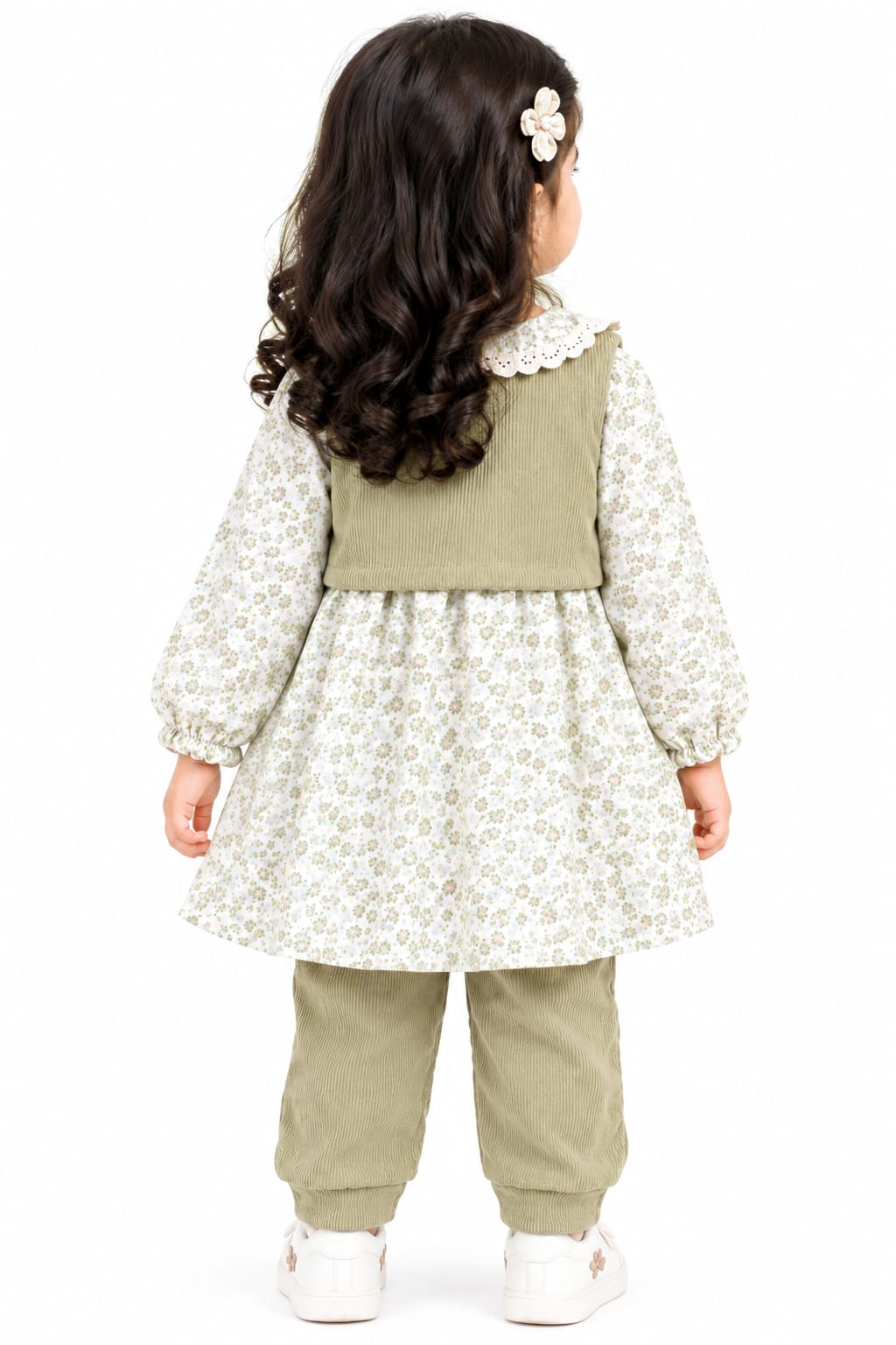 Girls' Sage Green Floral Corduroy Vest Dress & Trousers Set
