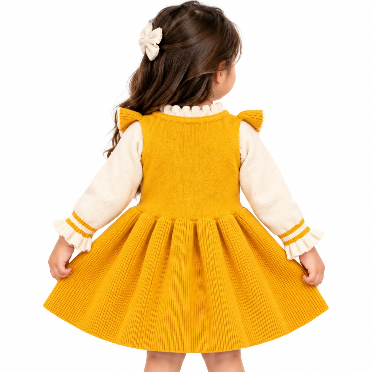 Vibrant Mustard Yellow & Cream Ruffled Knit Pinafore Dress Set