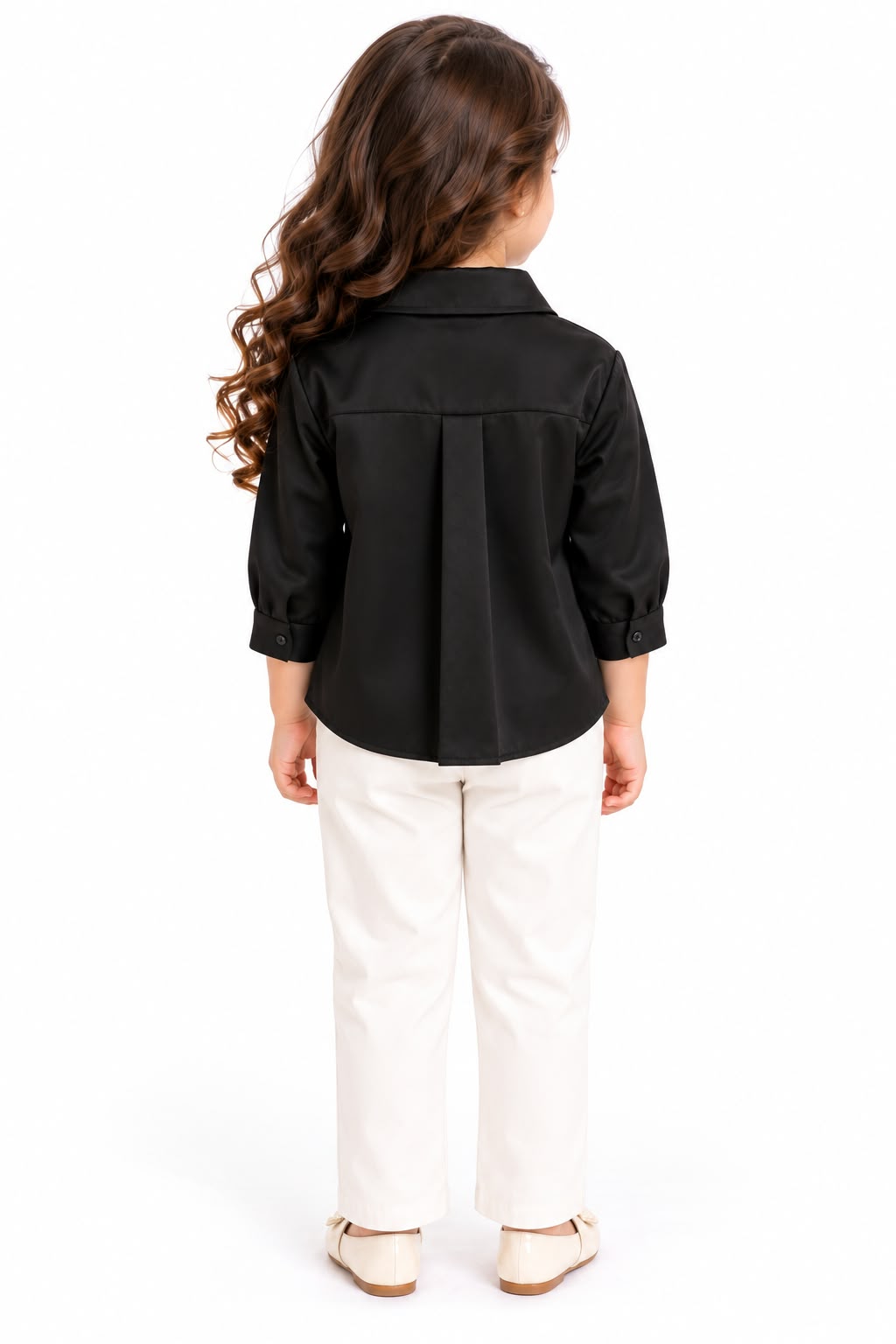 Elegant Black Button-Down Shirt with Pearl Floral Buttons