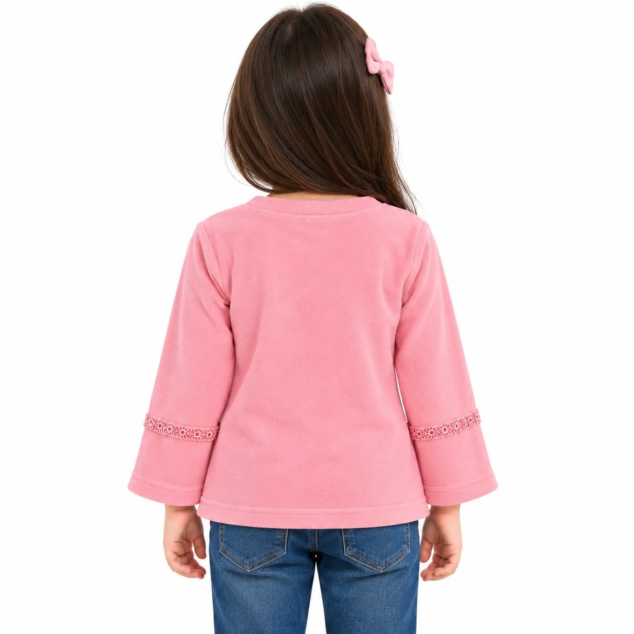 Girls' Pink Soft Fleece Top with Lace Trim & Ribbon Bow Accents