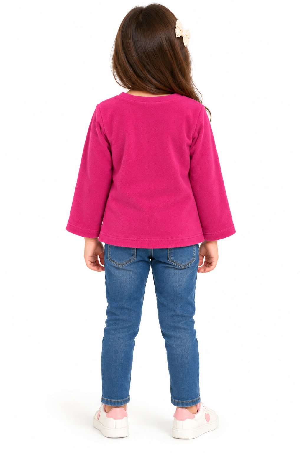 Girls' Magenta Pink Soft Fleece Top with Lace-Trimmed Yoke & Bow Detail