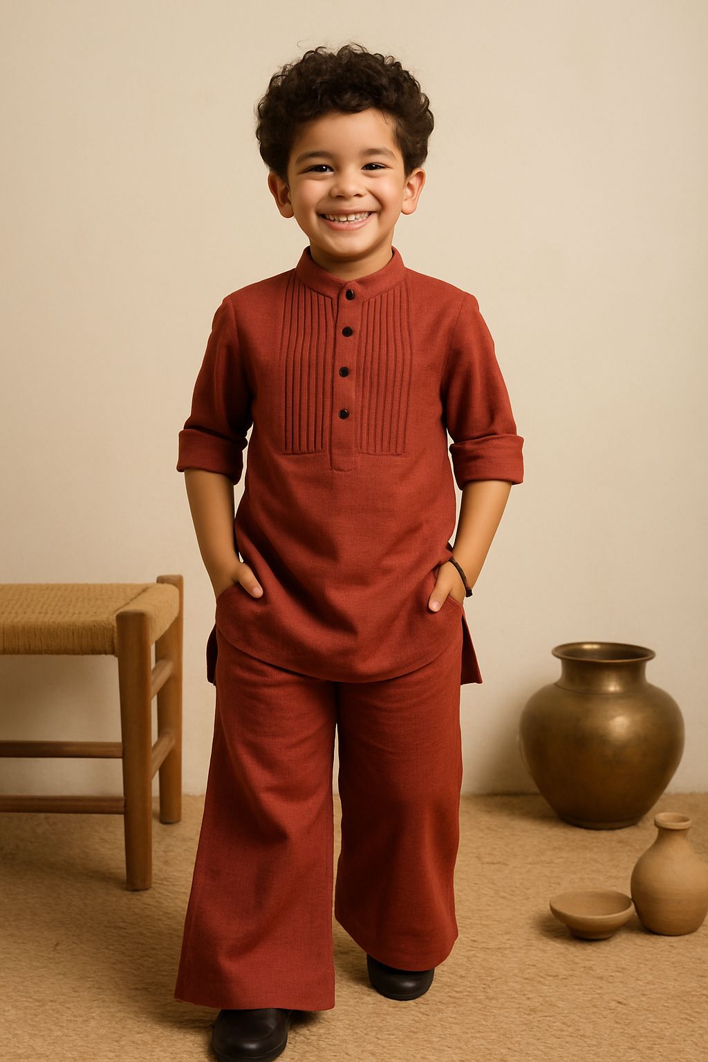 Rust Color Fusion Kurta Pyjama