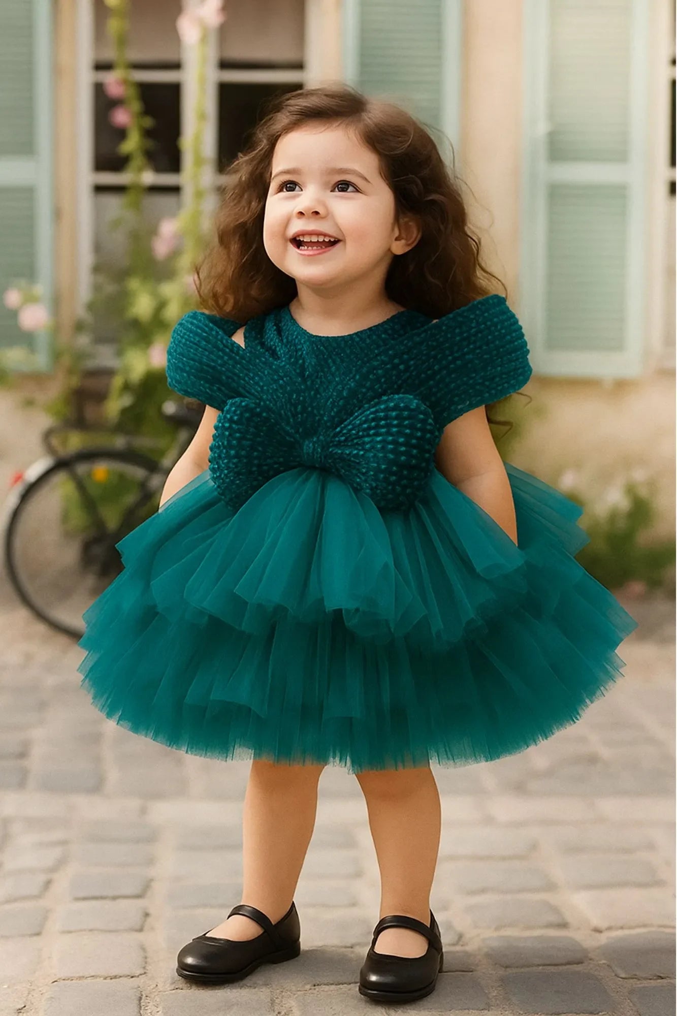 Teal Blue Party Frock with Big Bow For Girls