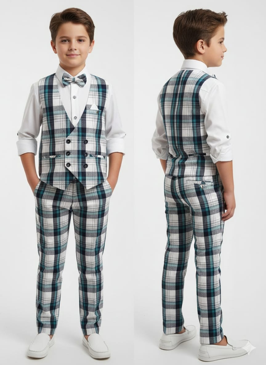 Teal, Grey, and White Plaid waist coat