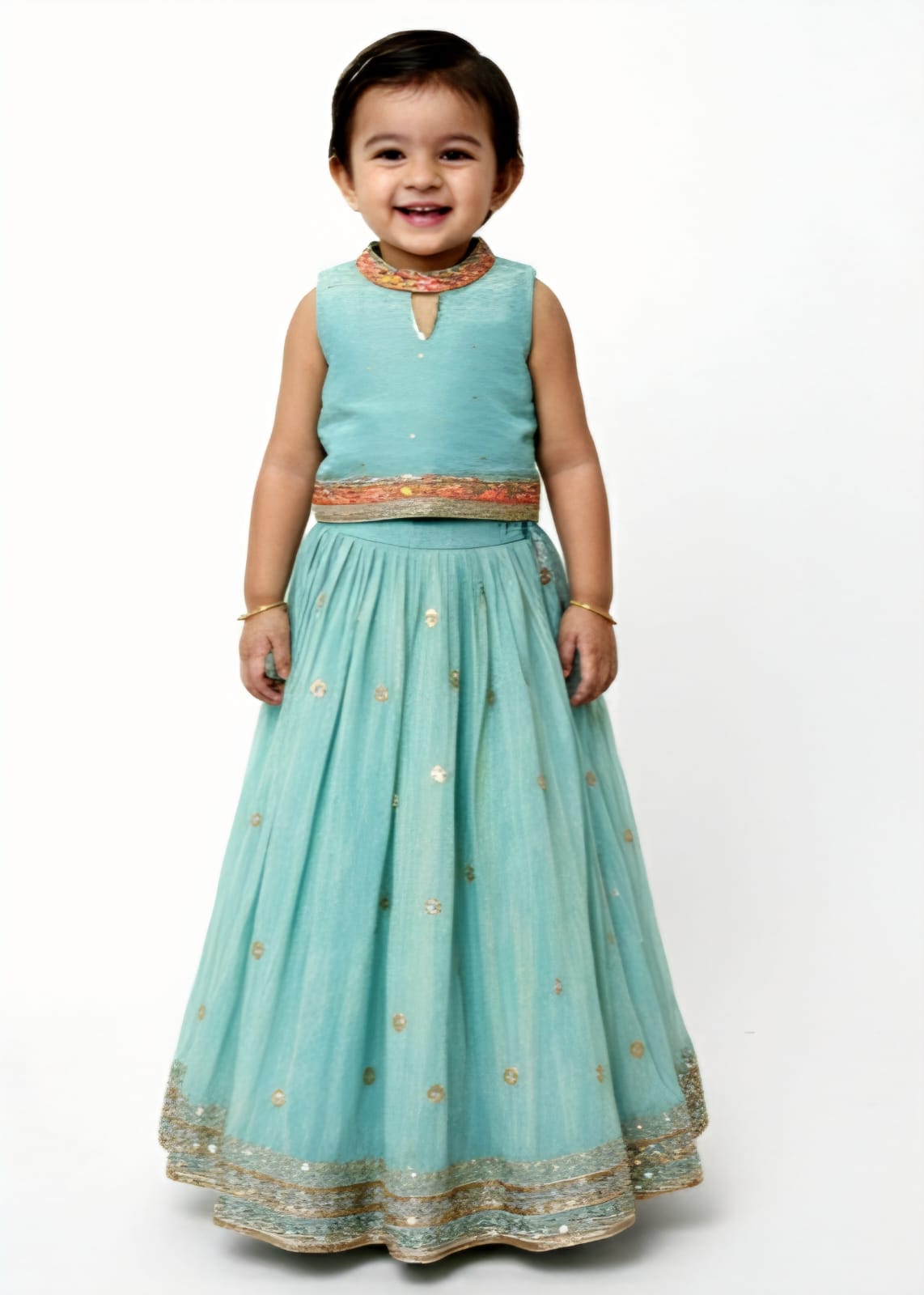 Turquoise Lehenga Set with Mandarin Collar