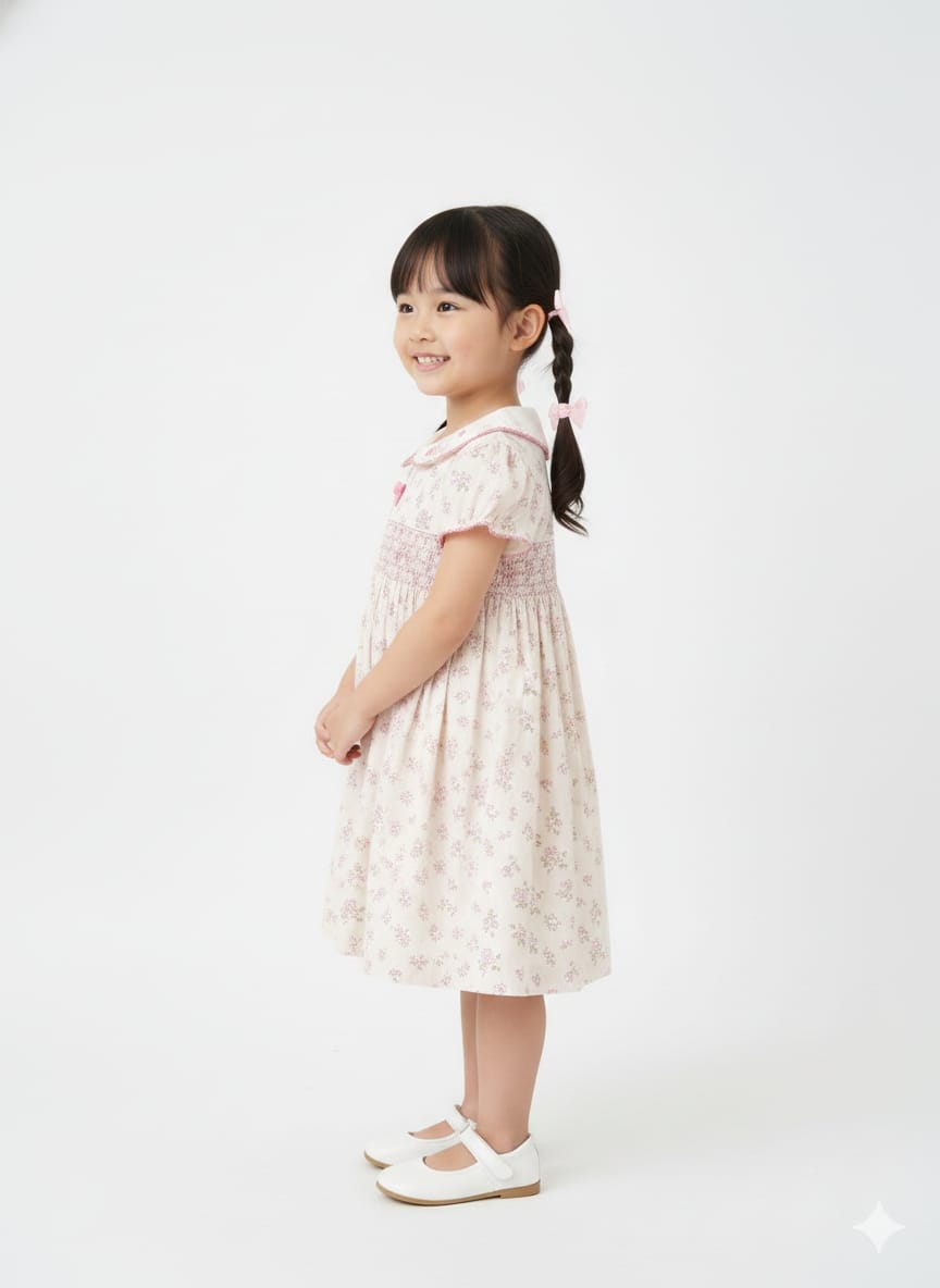 Girls' Cream & Pink Floral Puff Sleeve Dress