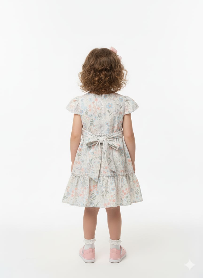 Tiered Cotton Summer Party Dress in Pastel Blue & Peach