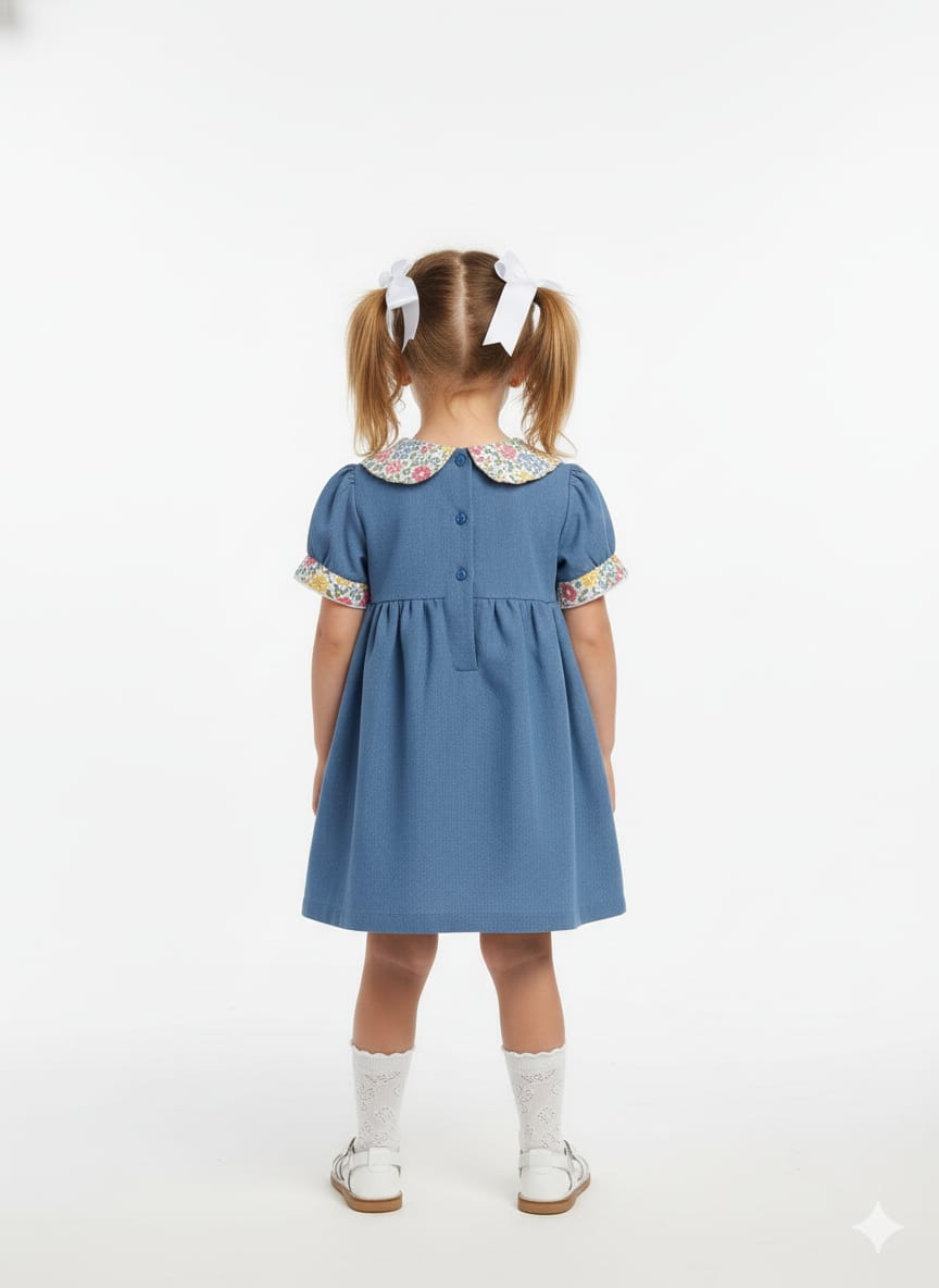 Girls' Blue Chambray Dress with Floral Peter Pan Collar and Embroidery