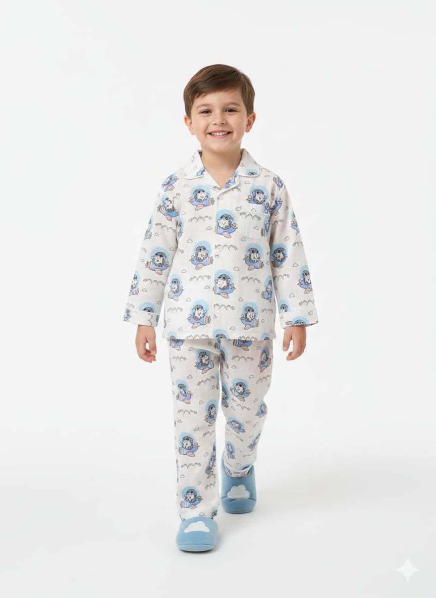 Kids’ Sky-High Aviator Bear Pajama Set – Premium Cotton Sleepwear