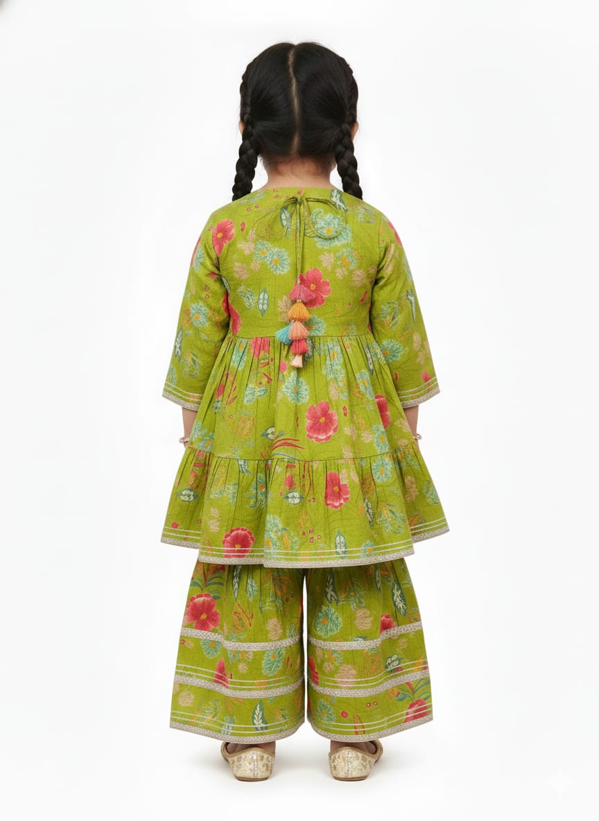 Olive Green Floral Tiered Sharara Set