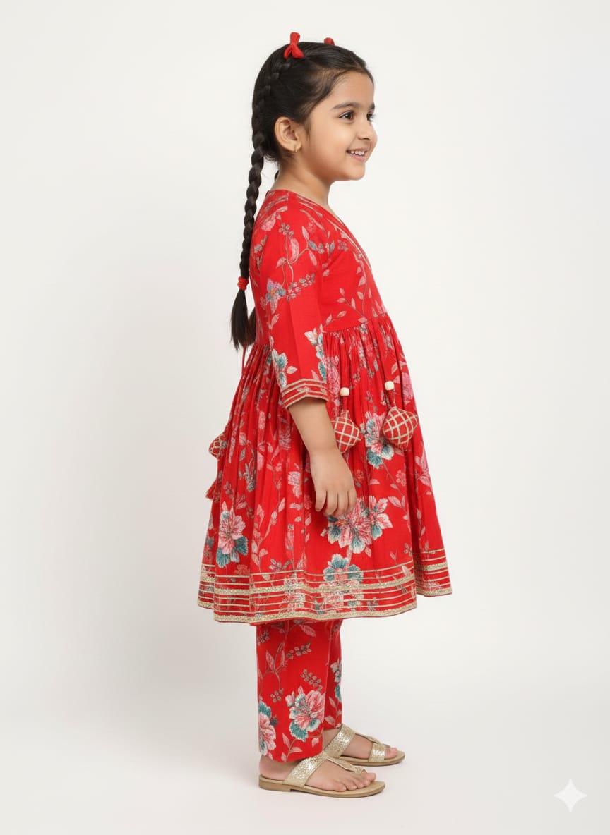 Crimson Floral Angrakha Kurta and Pant Set