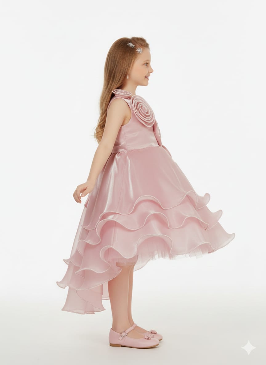 Rosette-Accented High-Low Gala Dress – Pearlescent Rose Organza