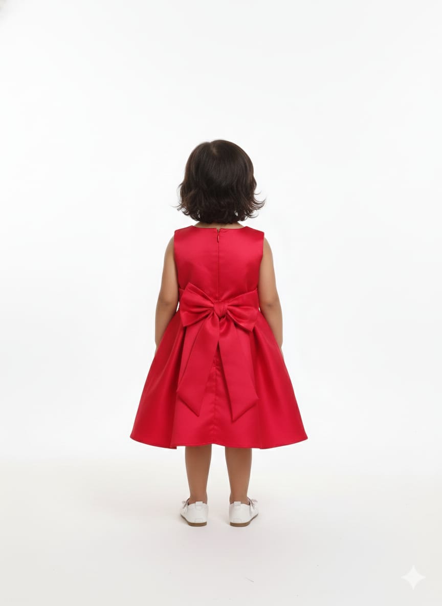 Classic Crimson Satin A-Line Party Frock with Statement Front Bow