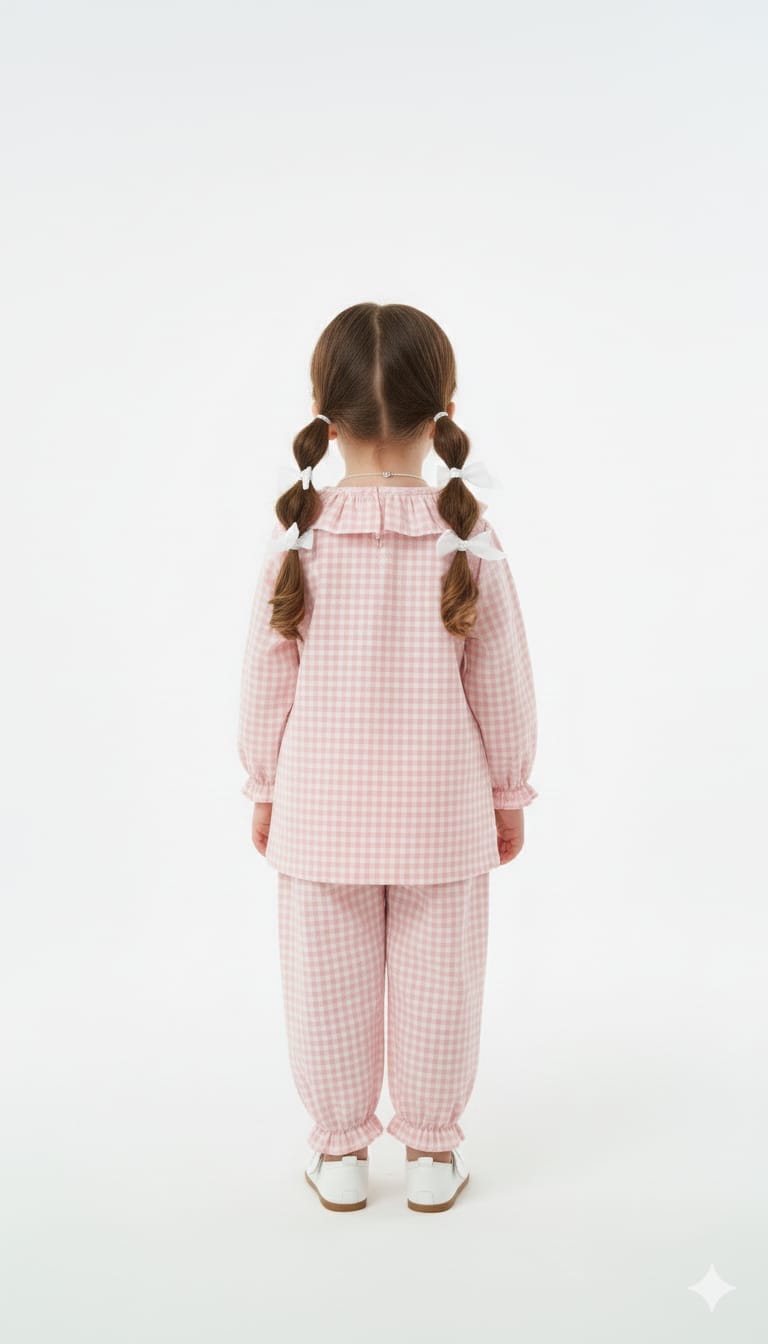Sweet Pink Gingham Two-Piece Loungewear Set with Ruffled Collar