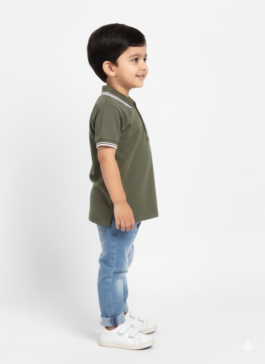 Boys' Olive Green Casual Polo Shirt with Striped Trim