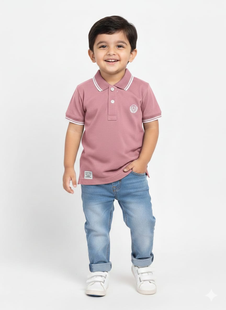 Boys' Dusty Rose Casual Polo Shirt with Striped Collar