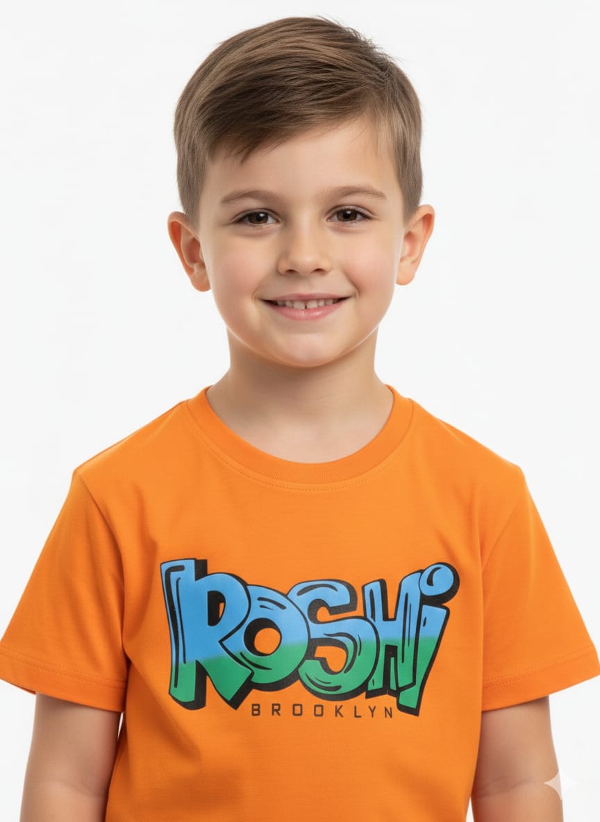 Boys' Vibrant Orange "Roshi Brooklyn" Graphic T-Shirt with Character Illustration