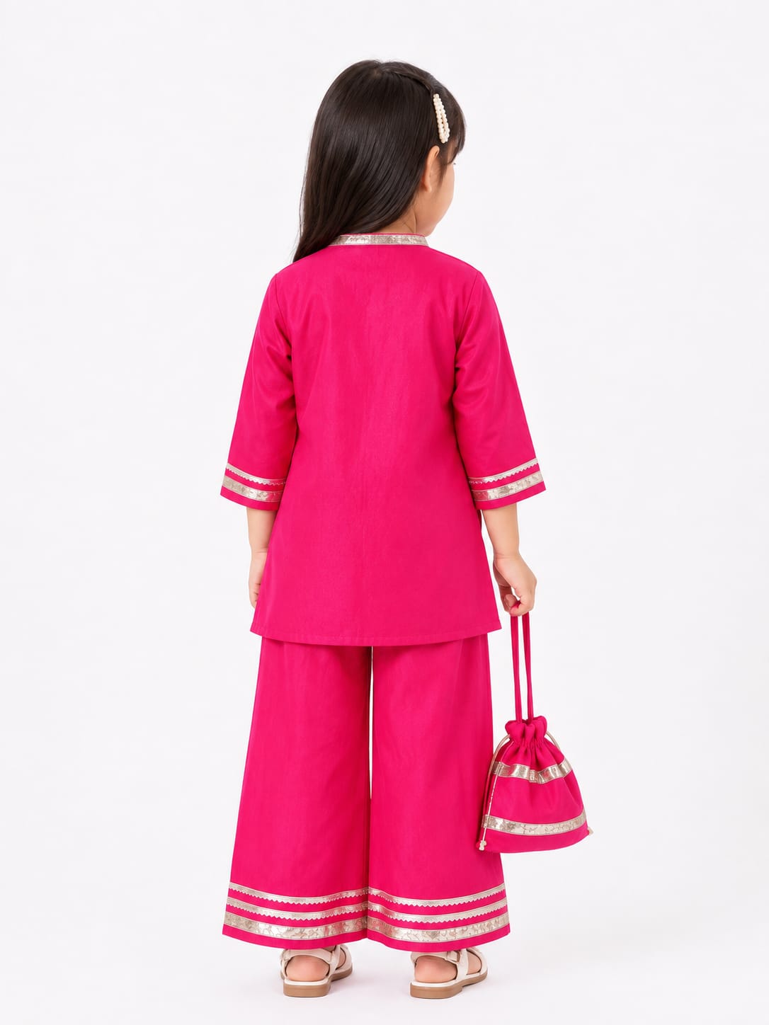 Vibrant Rani Pink Ethnic Kurta & Bottom Set with Matching Potli.