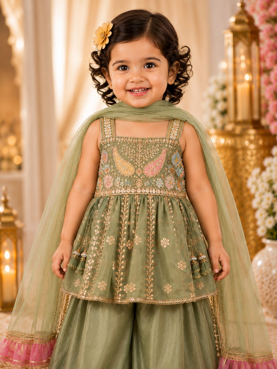 Girls' Sage Green Embroidered Sharara Suit Set