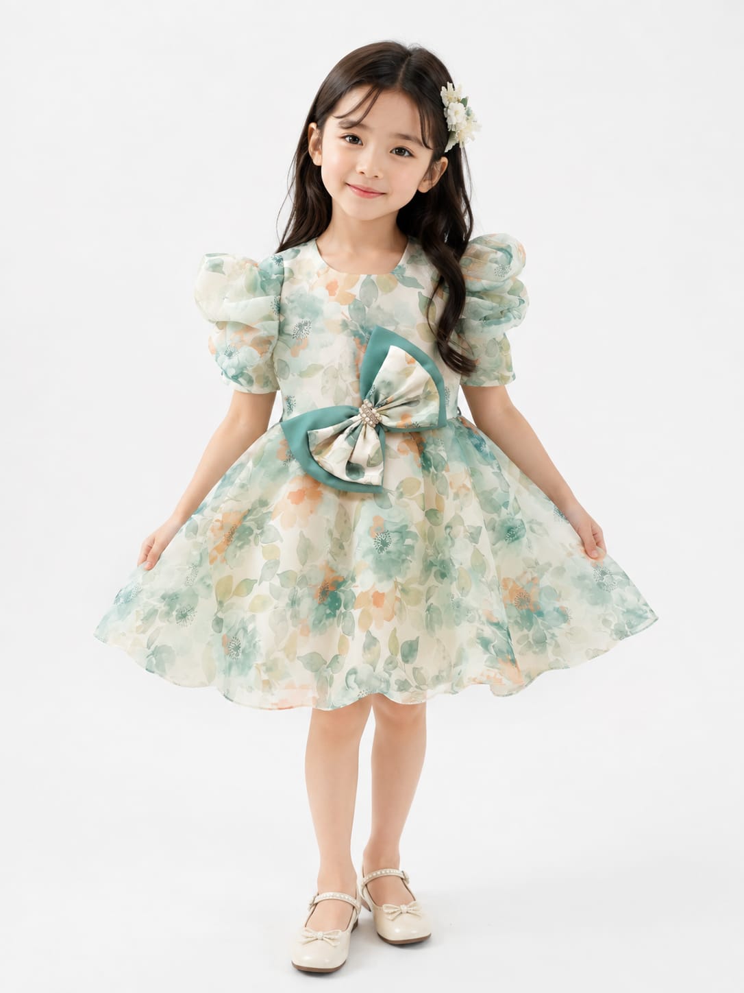 Mint & Peach Floral Watercolor Puff-Sleeve Organza Frock