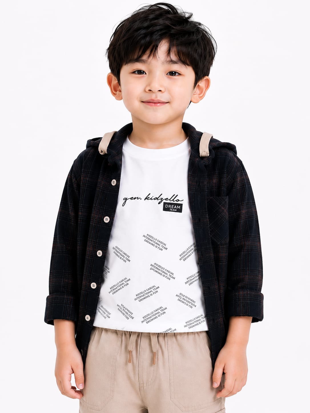 Boys' Plaid Hooded Shirt & Typography Tee Cargo Set