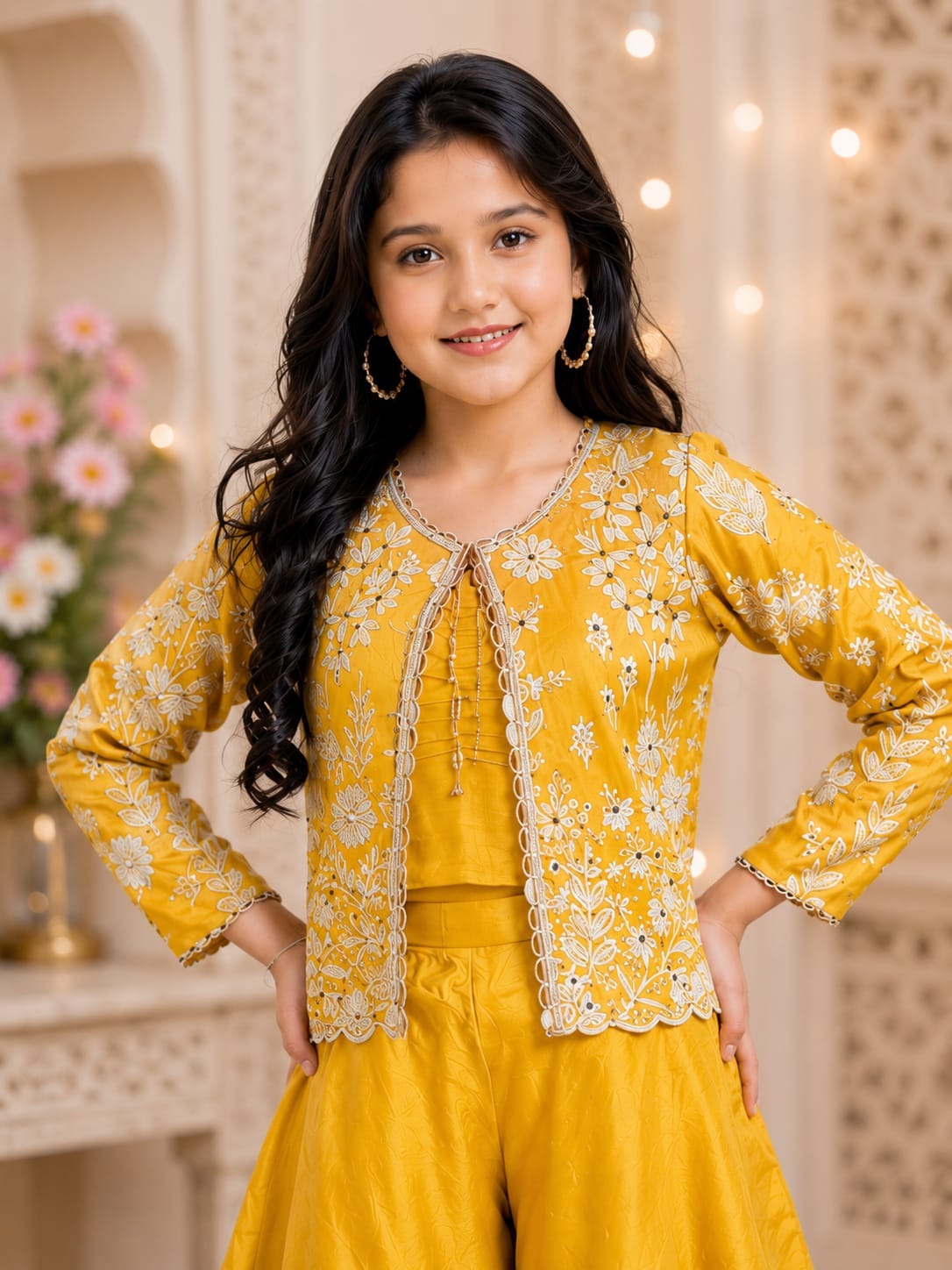 Girls' Mustard Yellow Embroidered Jacket Sharara Set