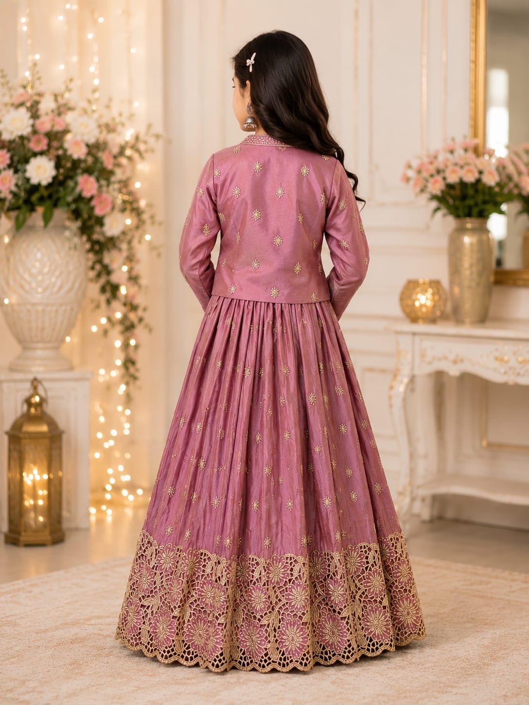 Girls' Mauve Pink Cutwork Lace Lehenga Set with Embellished Jacket