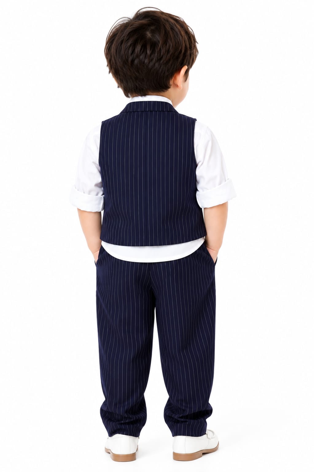 Boys' Navy Blue Pinstripe 4-Piece Formal Waistcoat & Trouser Set
