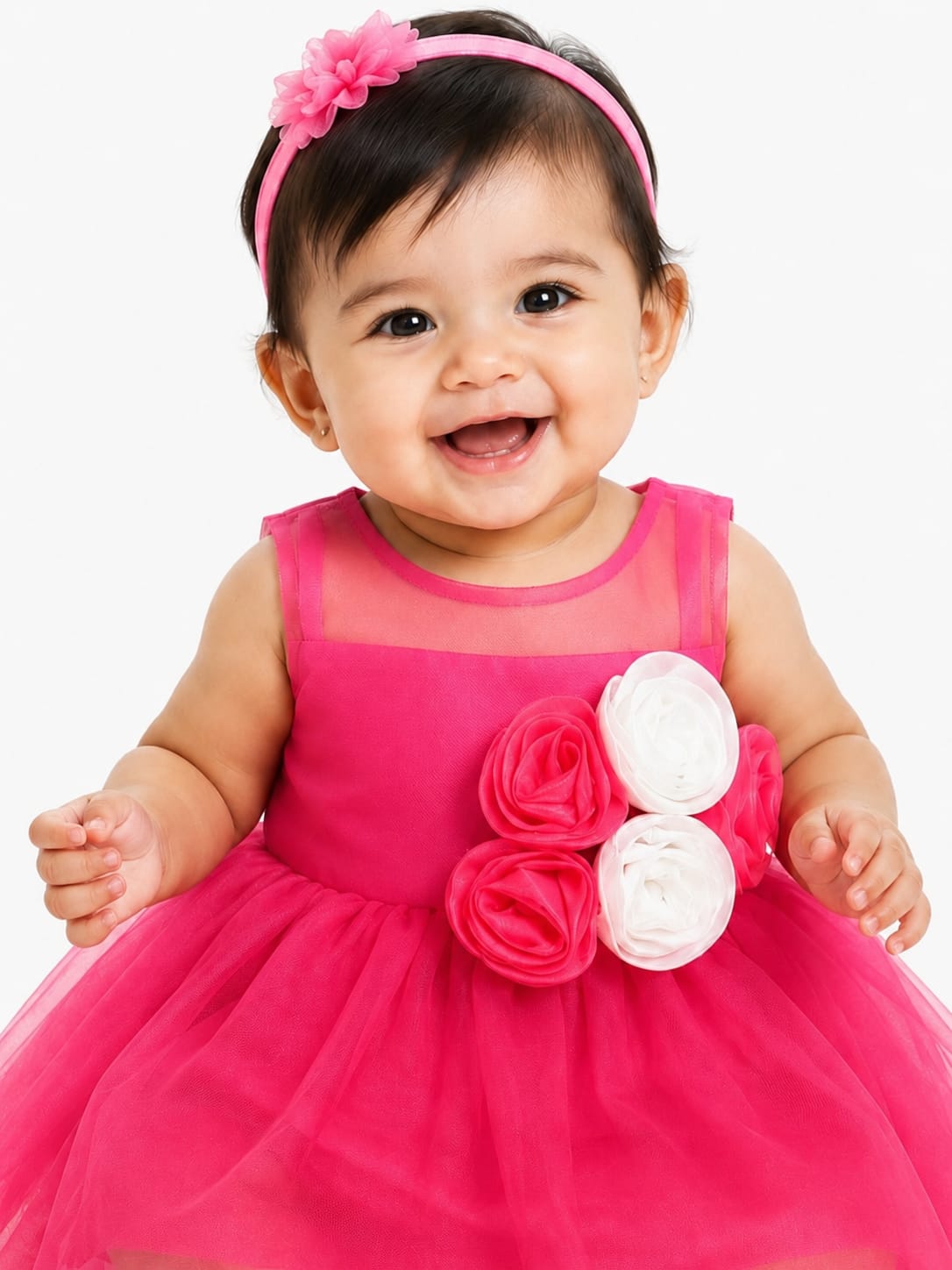 Infant Fuchsia Pink Floral Appliqué Tulle Baby Party Dress Light Weight