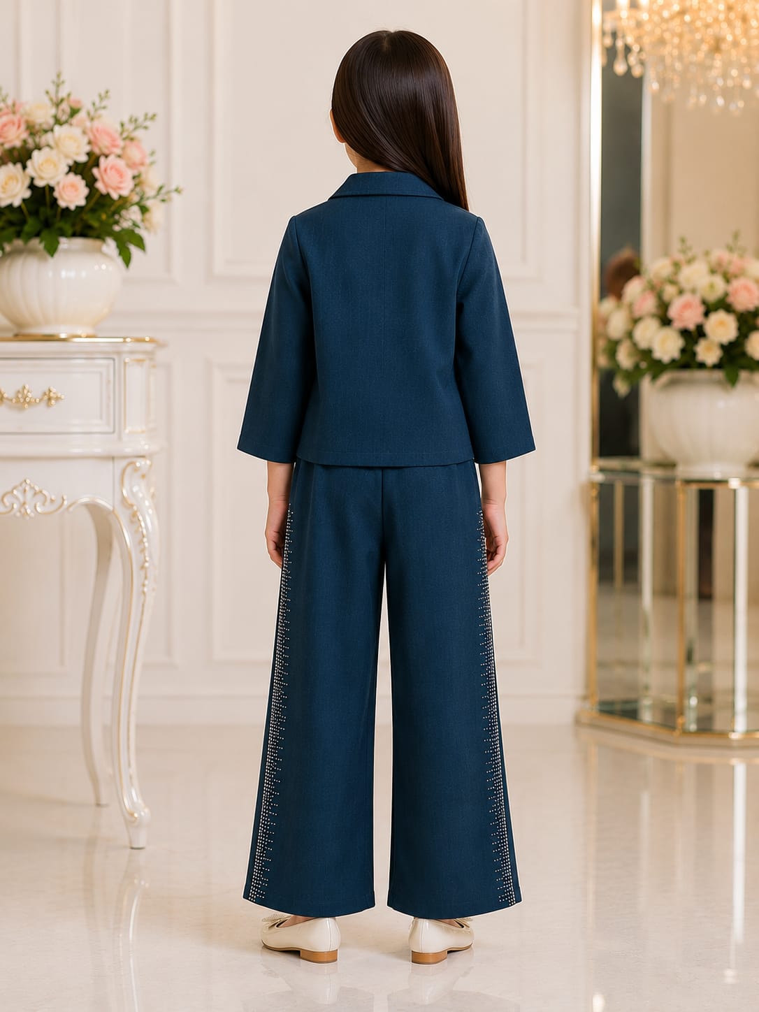 Teal Blue Embroidered Blazer & Wide-Leg Trouser Co-Ord Set for Girls