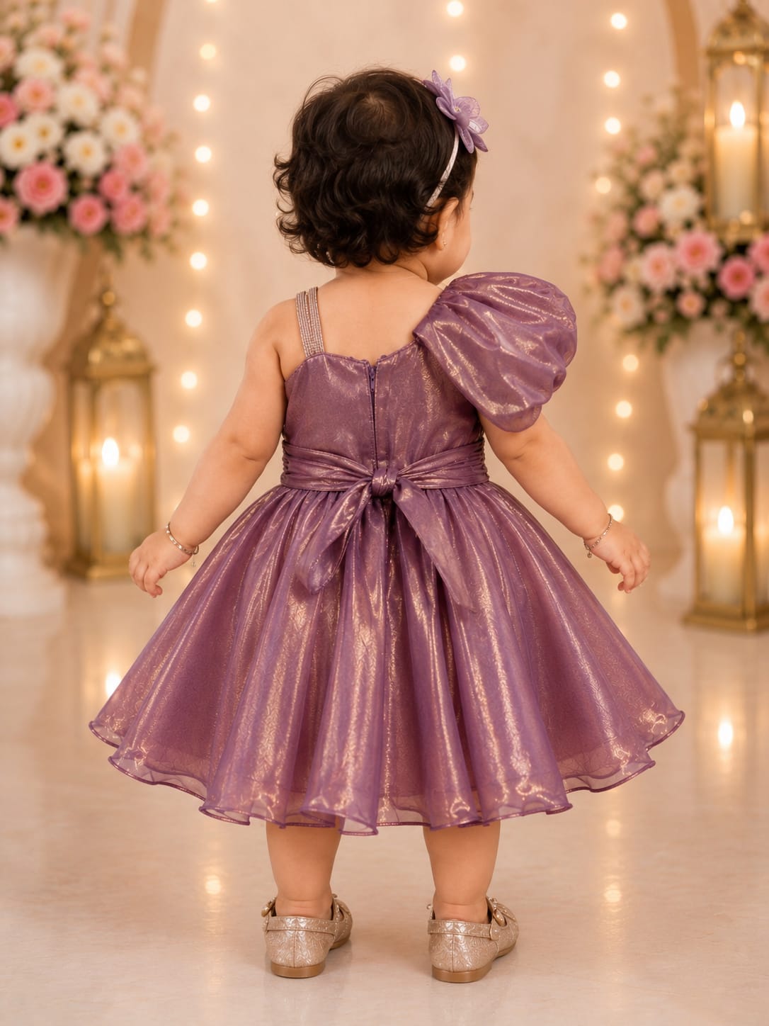 Girls' Metallic Mauve One-Shoulder Statement Party Frock