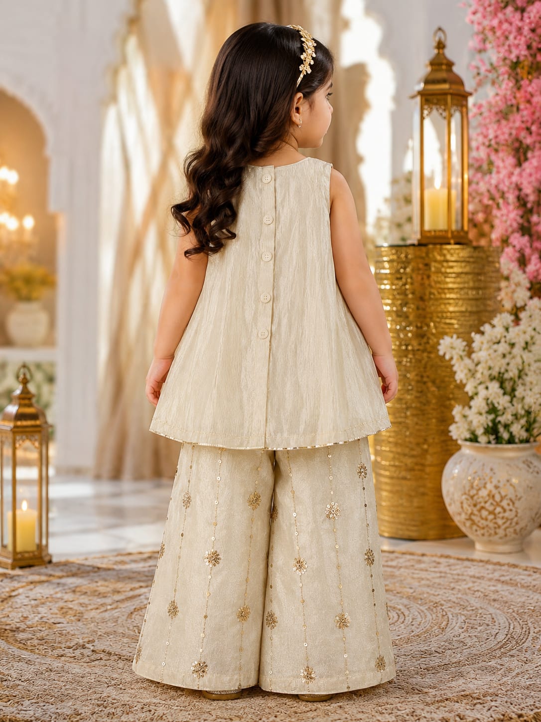 Infant Girls Cream & Gold Embroidered A-Line Kurti with Sharara Pants