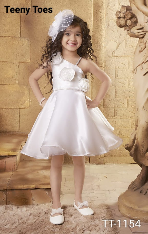 White Party Wear Frock with Puffy Sleeves & Statement Rose Appliqué For Girls