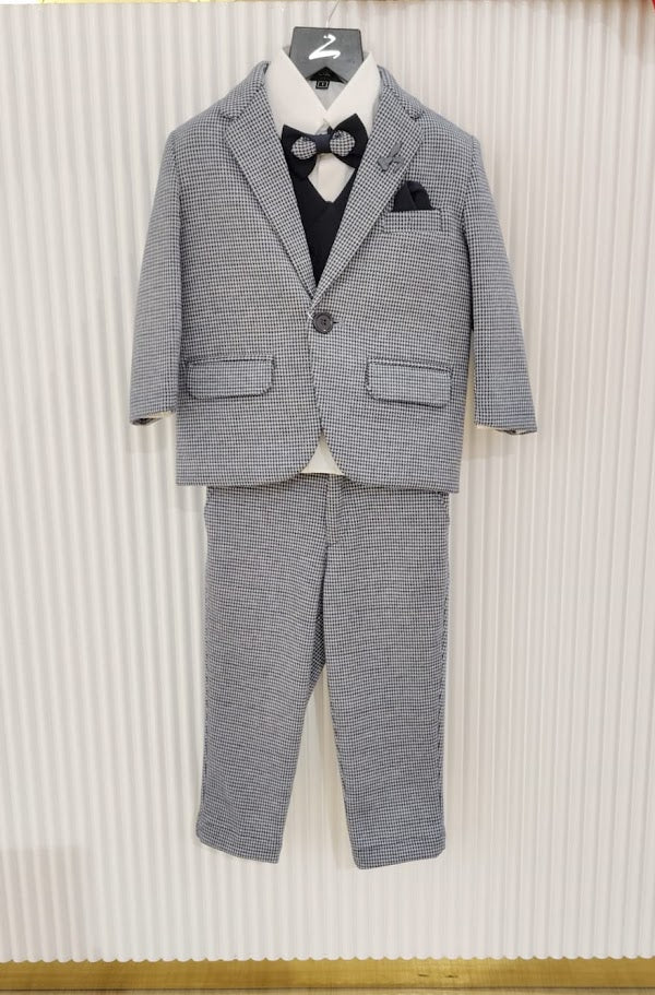 Boys’ Dapper 5-Piece Houndstooth Suit Set (Blazer, Vest, Trousers, Shirt & Bowtie)