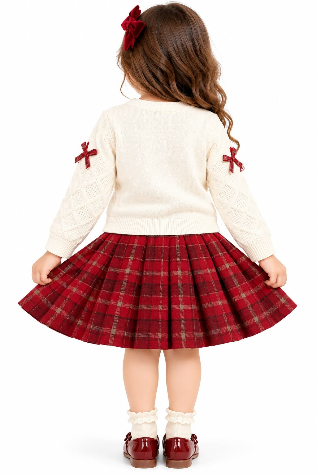 Girls' Festive Cream Cable-Knit Sweater & Red Plaid Pleated Skirt Set