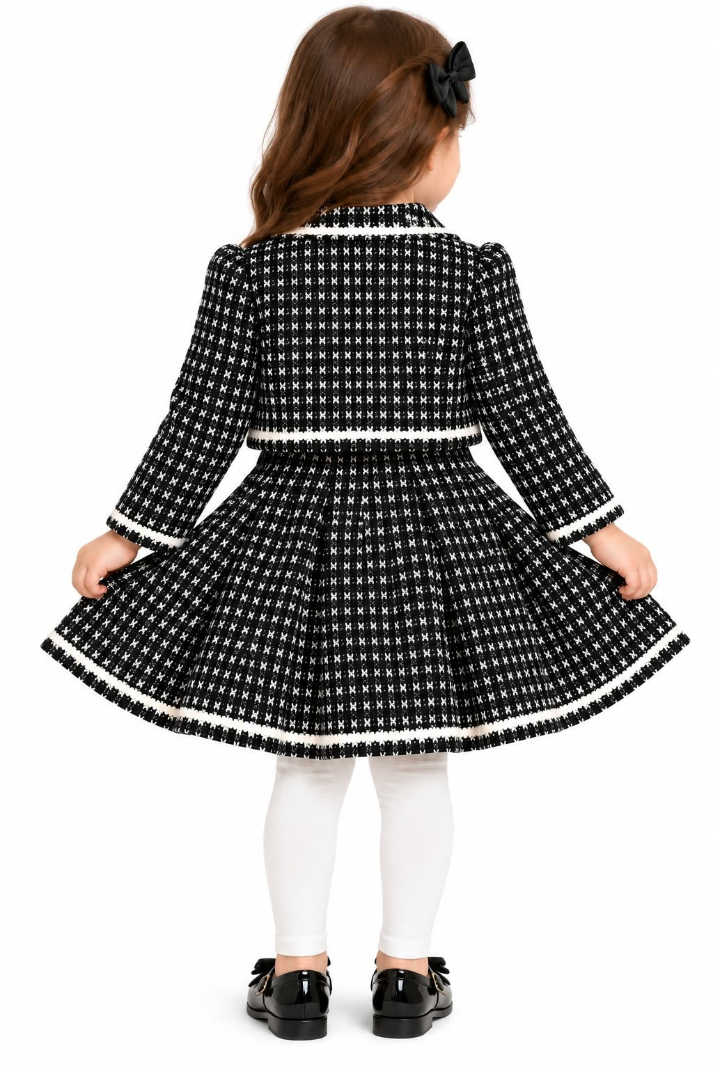 Girls' Black & White Tweed Blazer Jacket & Pleated Dress Set