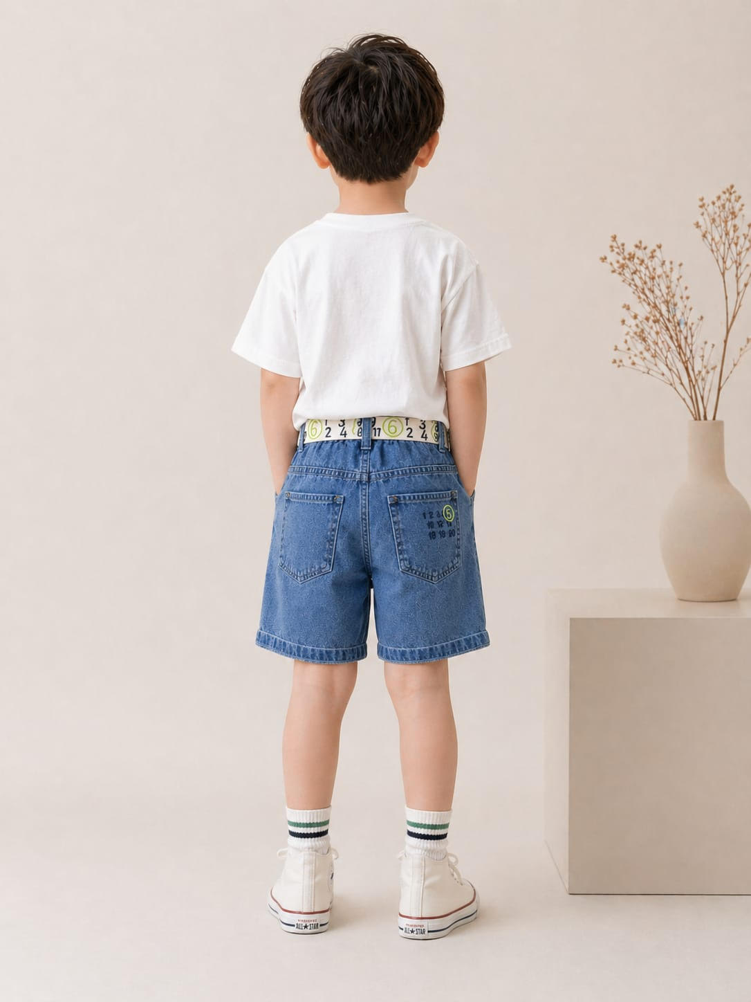 Boys' Utility Denim Shorts with Numeric Belt & Embroidery