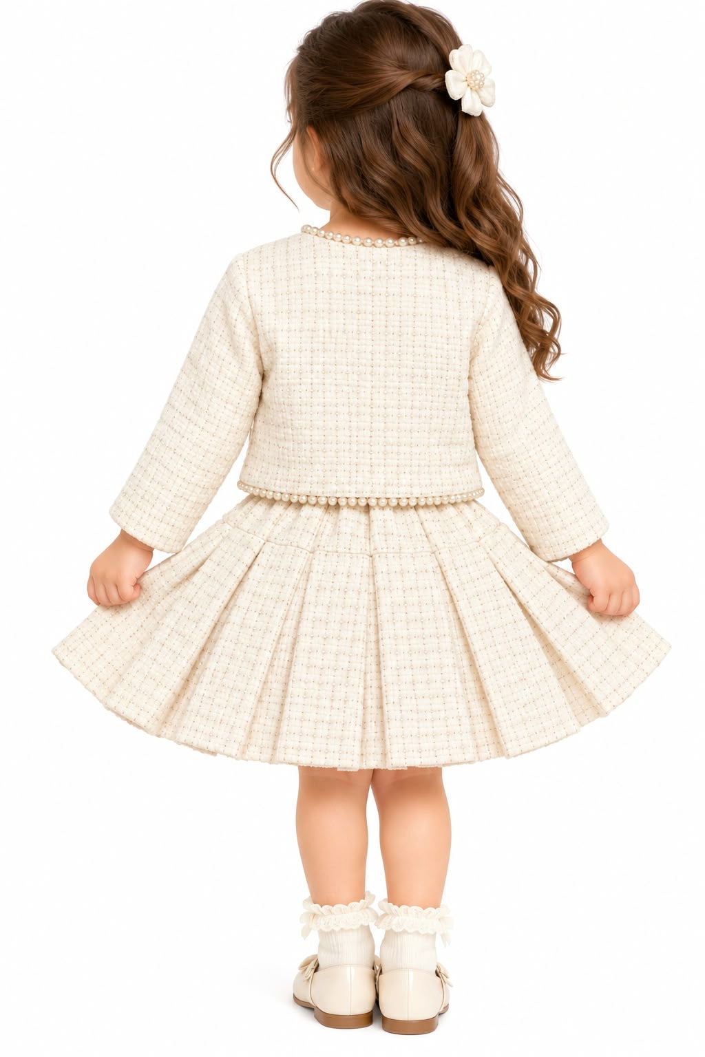 Girls' Pearl-Trimmed Off-White Tweed Jacket & Pleated Skirt Set