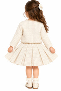 Girls' Pearl-Trimmed Off-White Tweed Jacket & Pleated Skirt Set