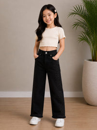 Black wide-leg cut Jeans with Rhinestone Gradient on sides