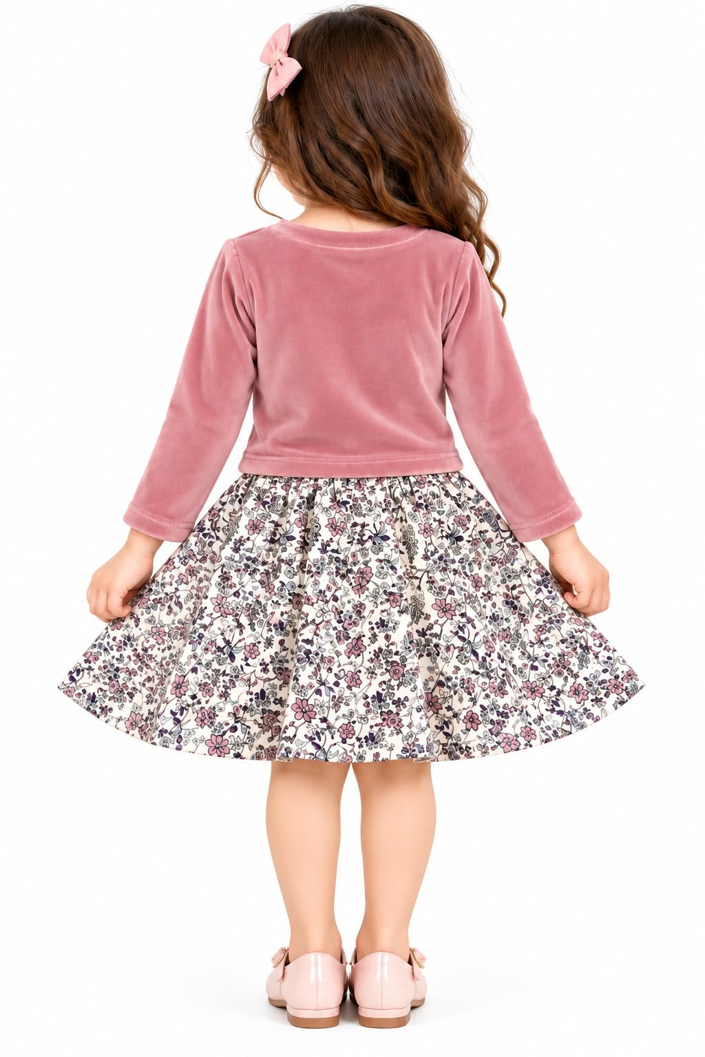 Girls' Dusty Pink Velvet & Floral Print Two-Piece Dress Set