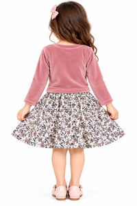 Girls' Dusty Pink Velvet & Floral Print Two-Piece Dress Set