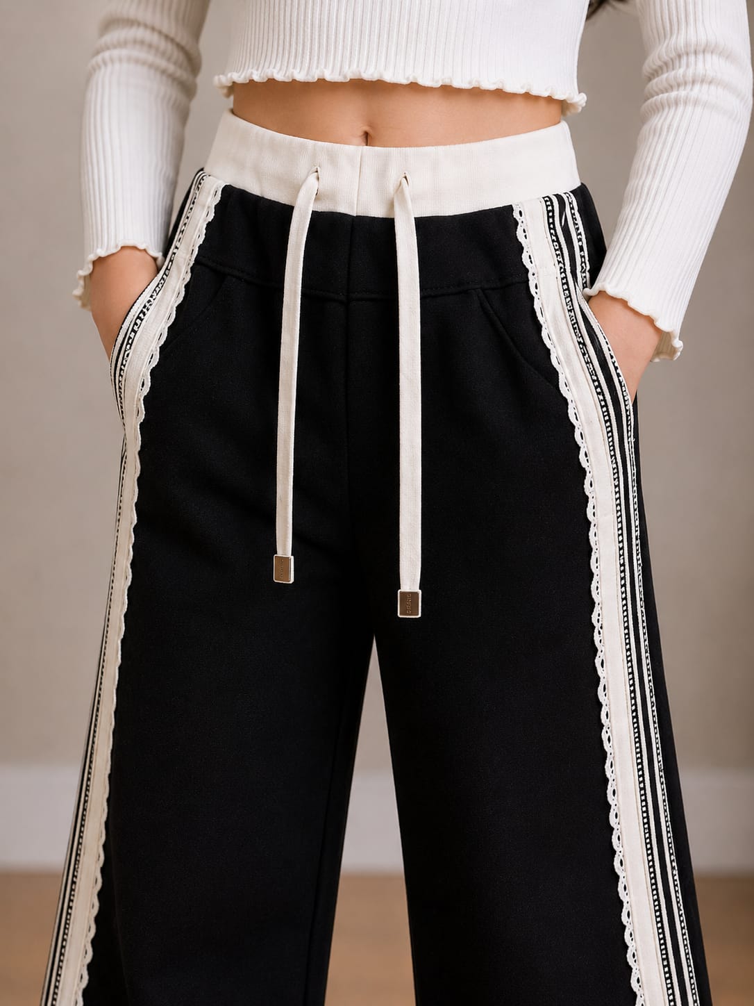 Black wide-leg cut Pants with Scalloped Lace Trim on sides