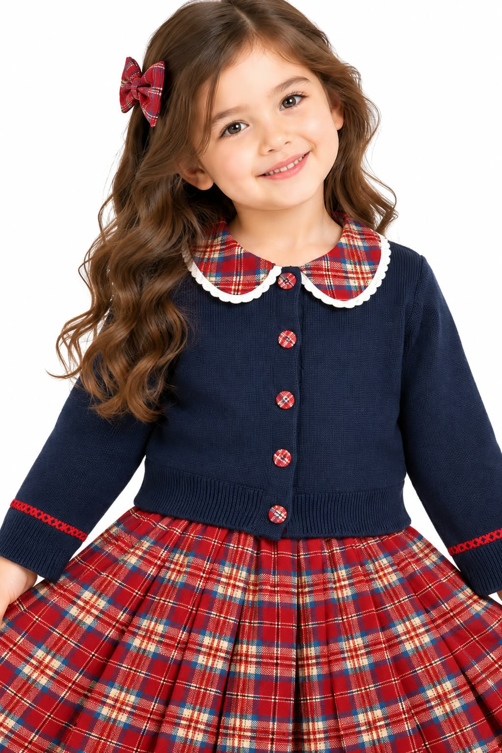Girls' Navy Blue Knit Cardigan & Red Plaid Pleated Skirt Set.