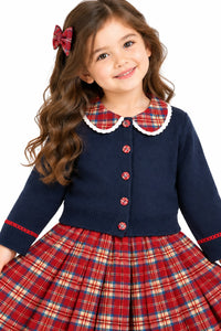 Girls' Navy Blue Knit Cardigan & Red Plaid Pleated Skirt Set.