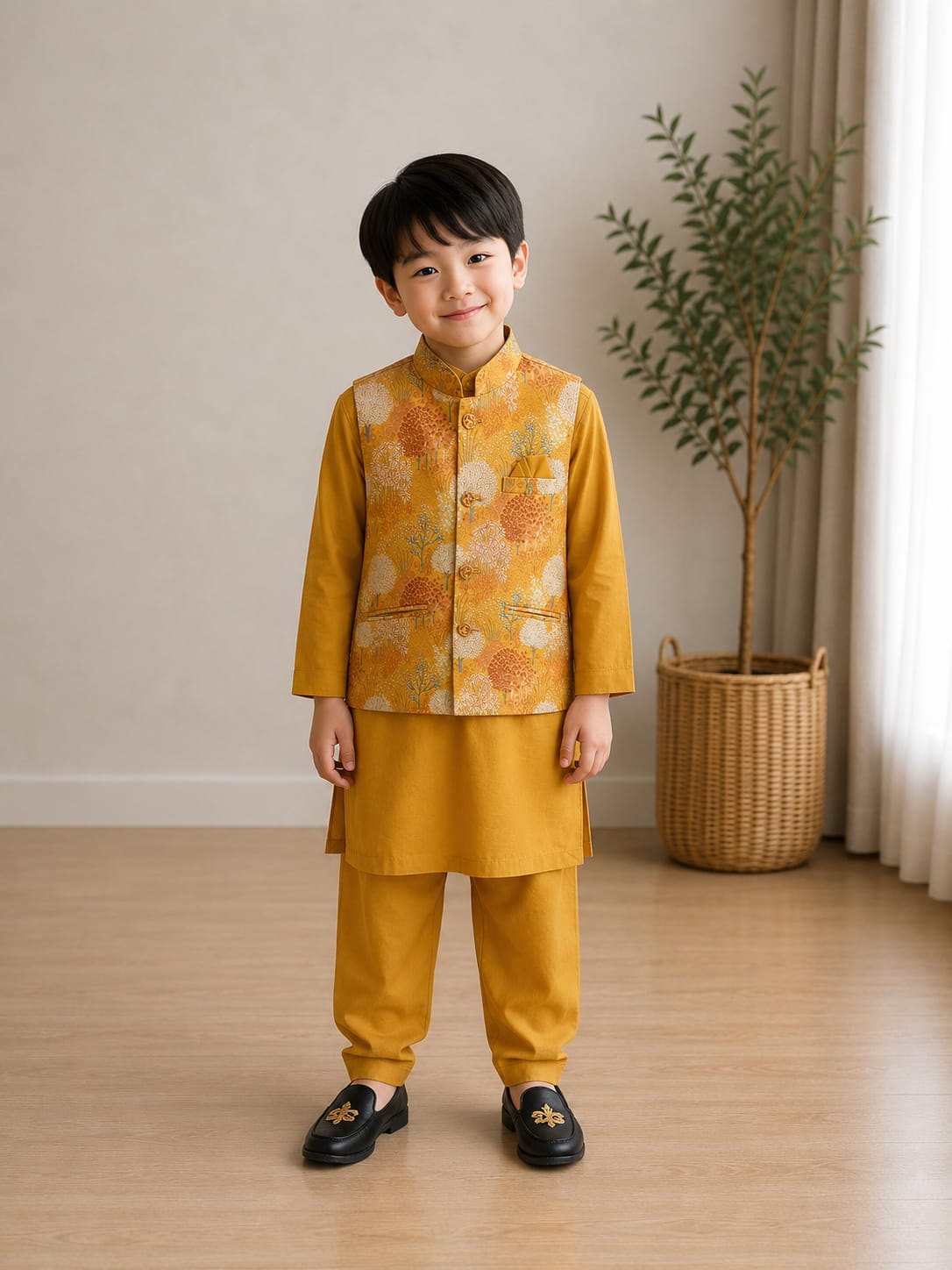 Mustard Tone Long Kurta with Landscape Print Nehru Jacket - 3 pc Set