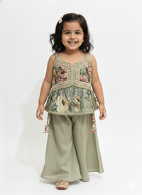 Sage Green Botanical Print Ethnic Ensemble with Decorative Tassels